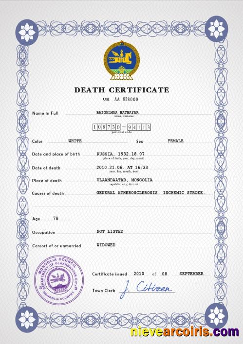 Mongolia death certificate